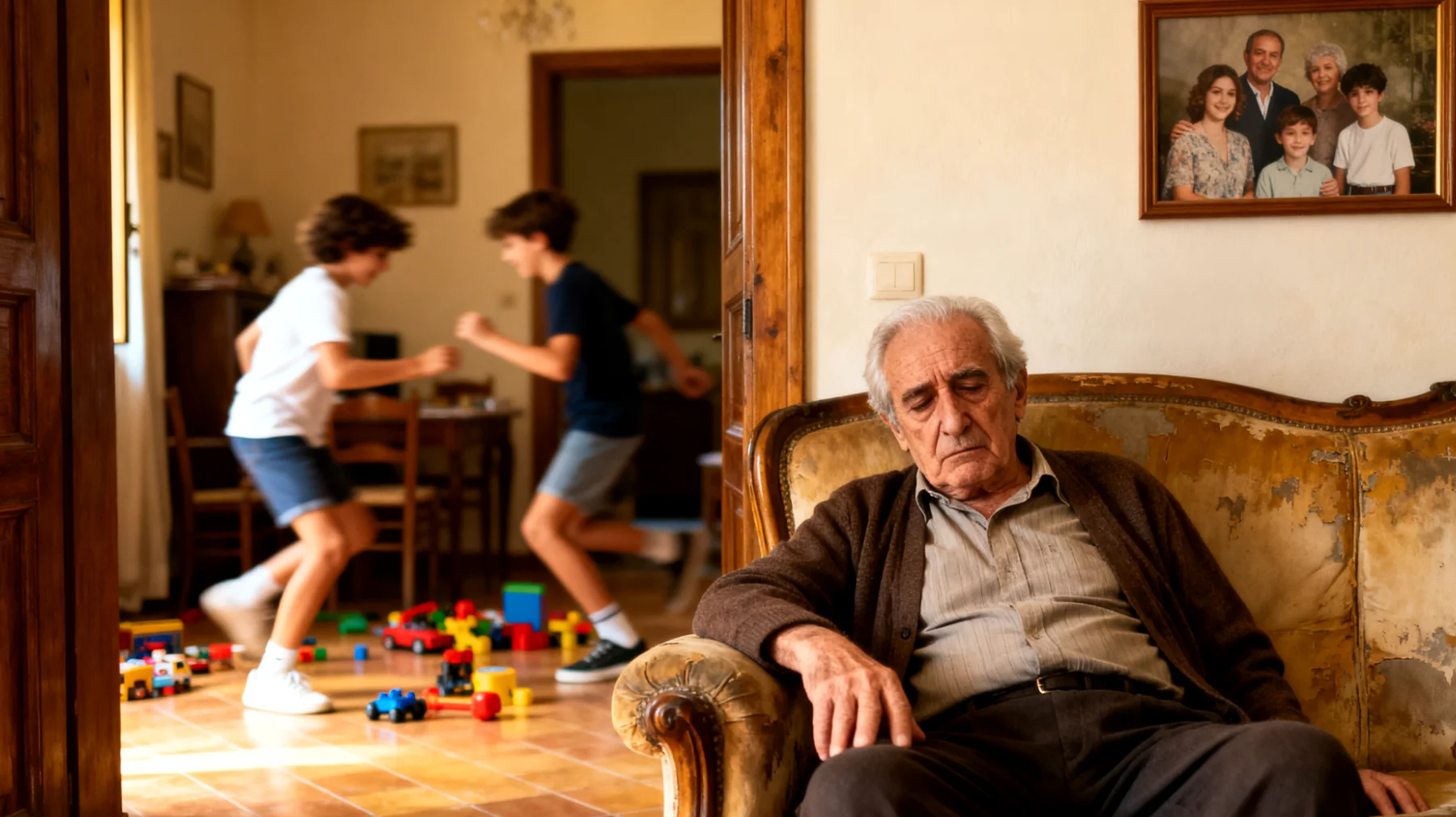 Il nonno si sente fisicamente e mentalmente esausto nel gestire i nipoti adolescenti, fatica a tenere il passo con le loro energie e richieste, e non ha abbastanza tempo per recuperare le forze tra un incontro e l'altro"