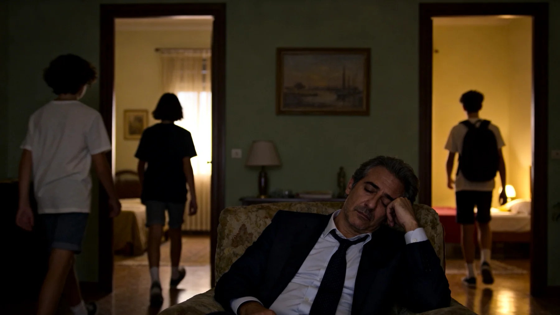 Papà che lavora molte ore e torna a casa esausto, fatica a trovare energie per connettersi emotivamente con i figli adolescenti, che interpretano la sua stanchezza come disinteresse e si allontanano progressivamente"